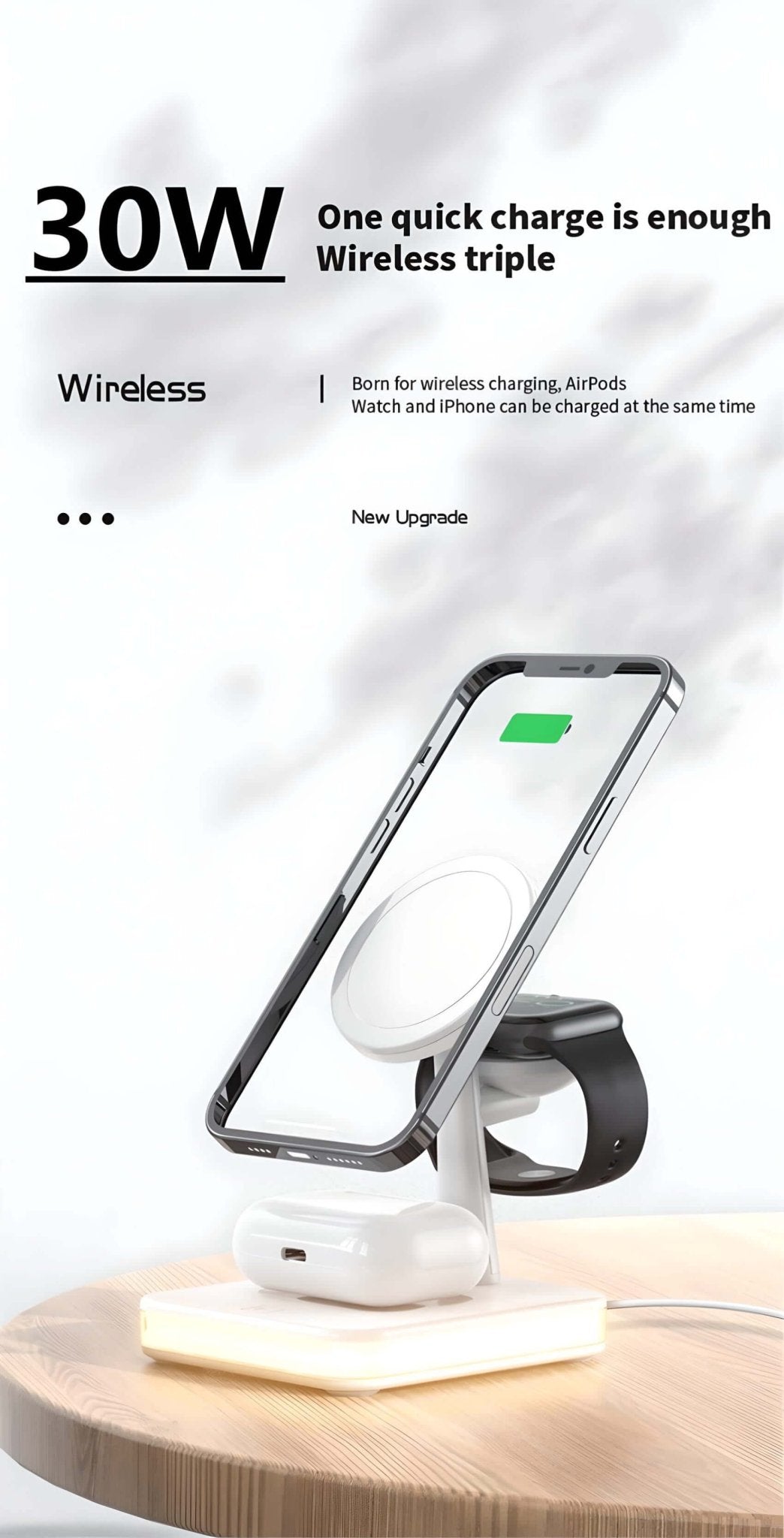 QuadraCharge LED Dock charging phone, smartwatch, and earbuds simultaneously. Compact 30W wireless charger with magnetic stand.