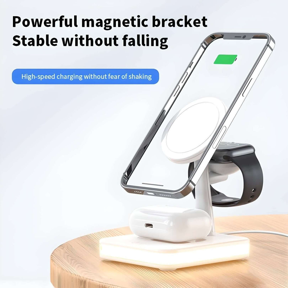 QuadraCharge LED Dock with magnetic stand for stable wireless charging. High-speed 30W charging without device shaking.