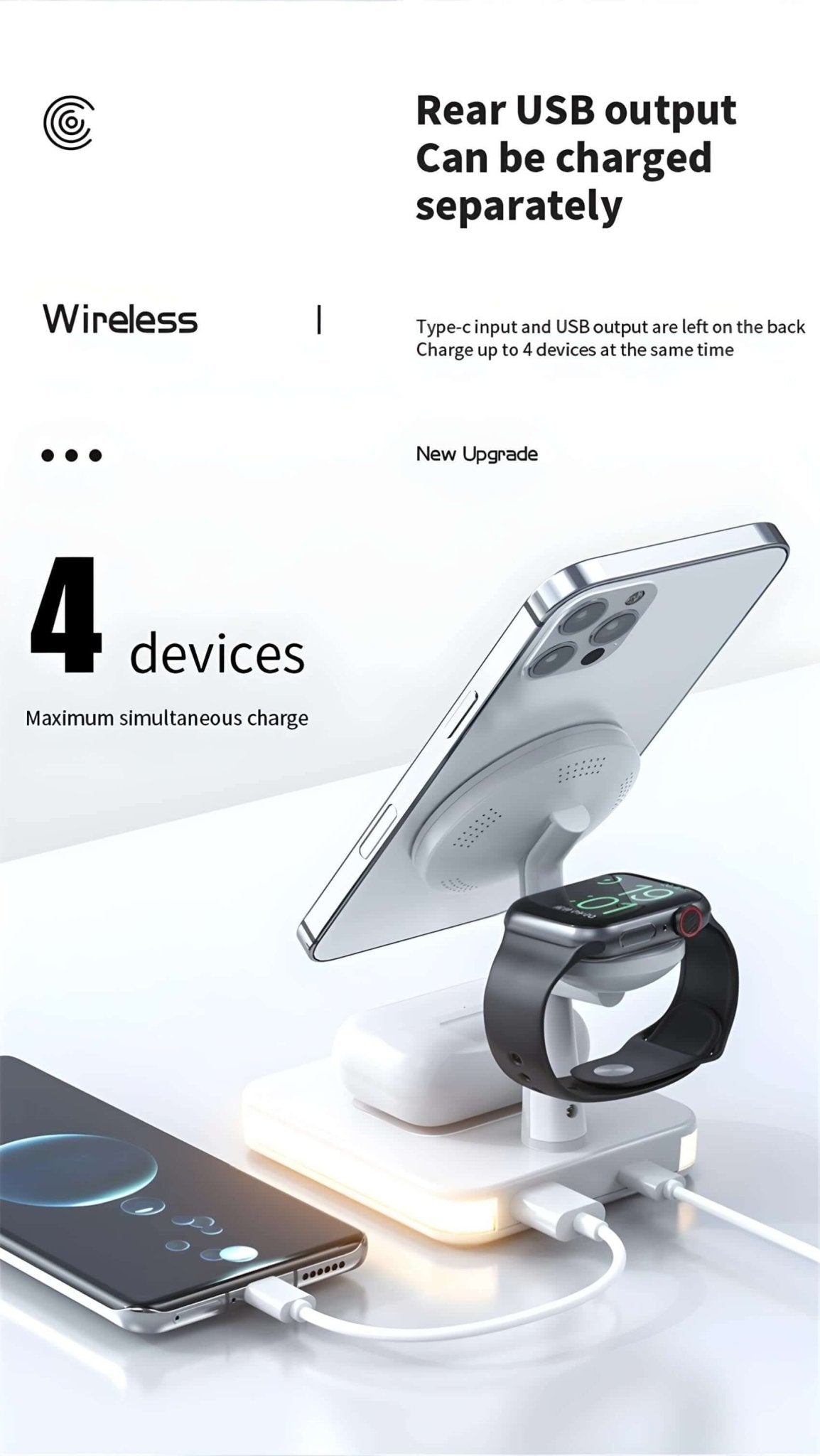 QuadraCharge LED Dock supporting 4-device simultaneous charging with rear USB output. Magnetic stand for phone and smartwatch.