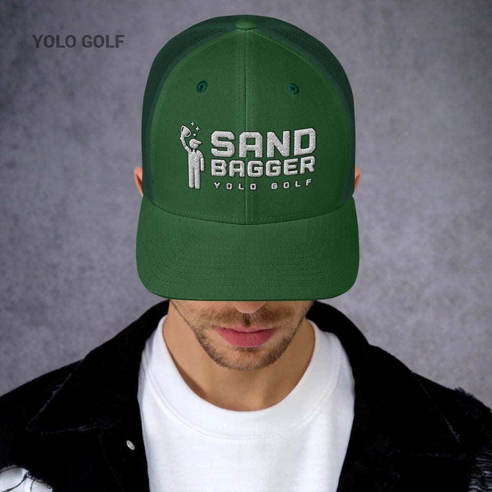 Green 'Sandbagger' 6-panel embroidered logo trucker hat with 