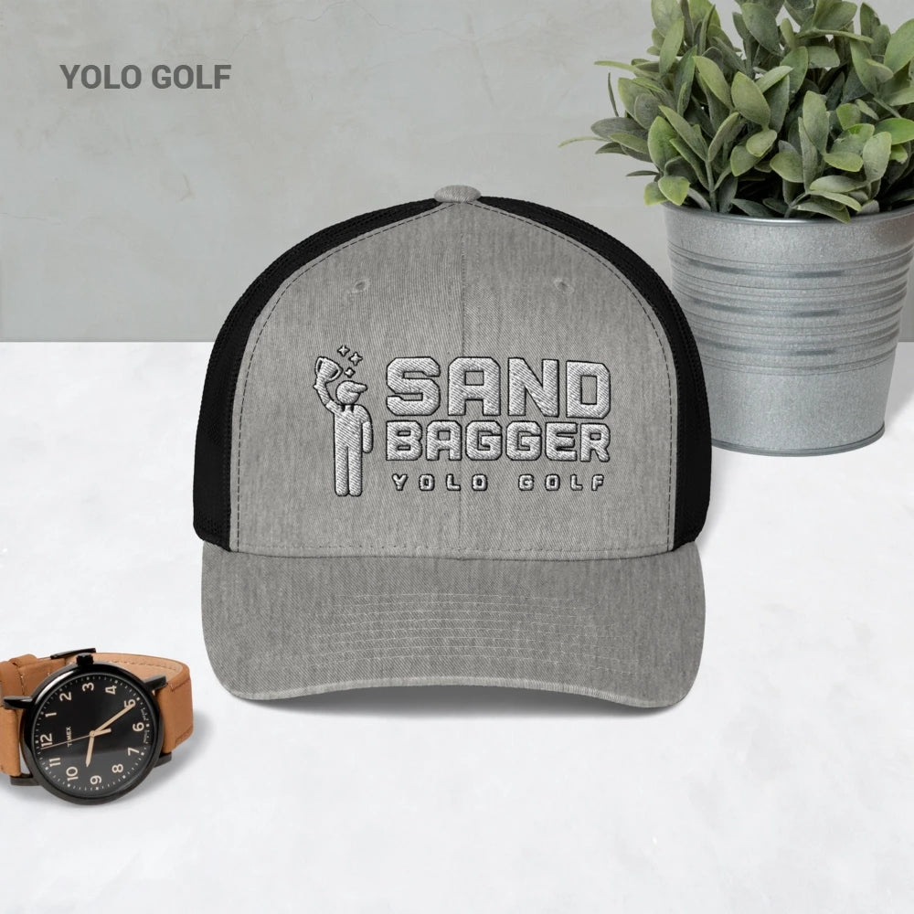 Heather gray and black Sandbagger trucker hat with 