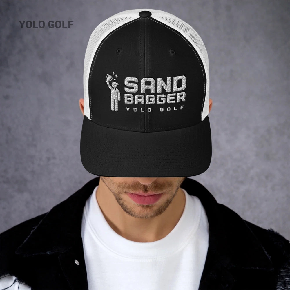 Red Sandbagger trucker hat worn by a man, highlighting its 