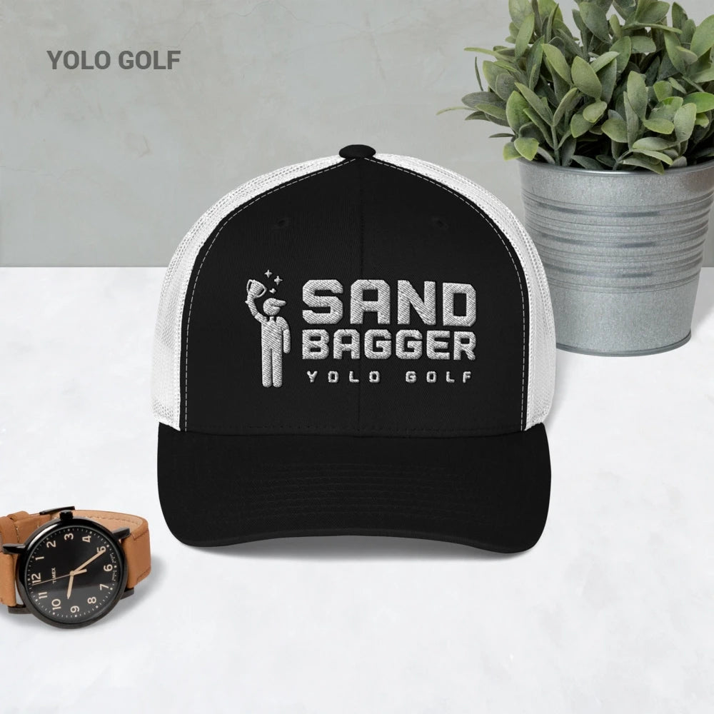 Black and white Sandbagger trucker hat with 