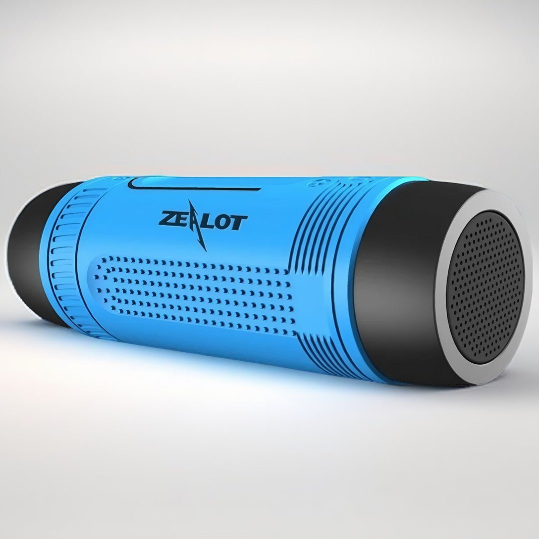 Blue Zealot S1 portable Bluetooth wireless speaker with LED flashlight, waterproof design, and stereo surround subwoofer.