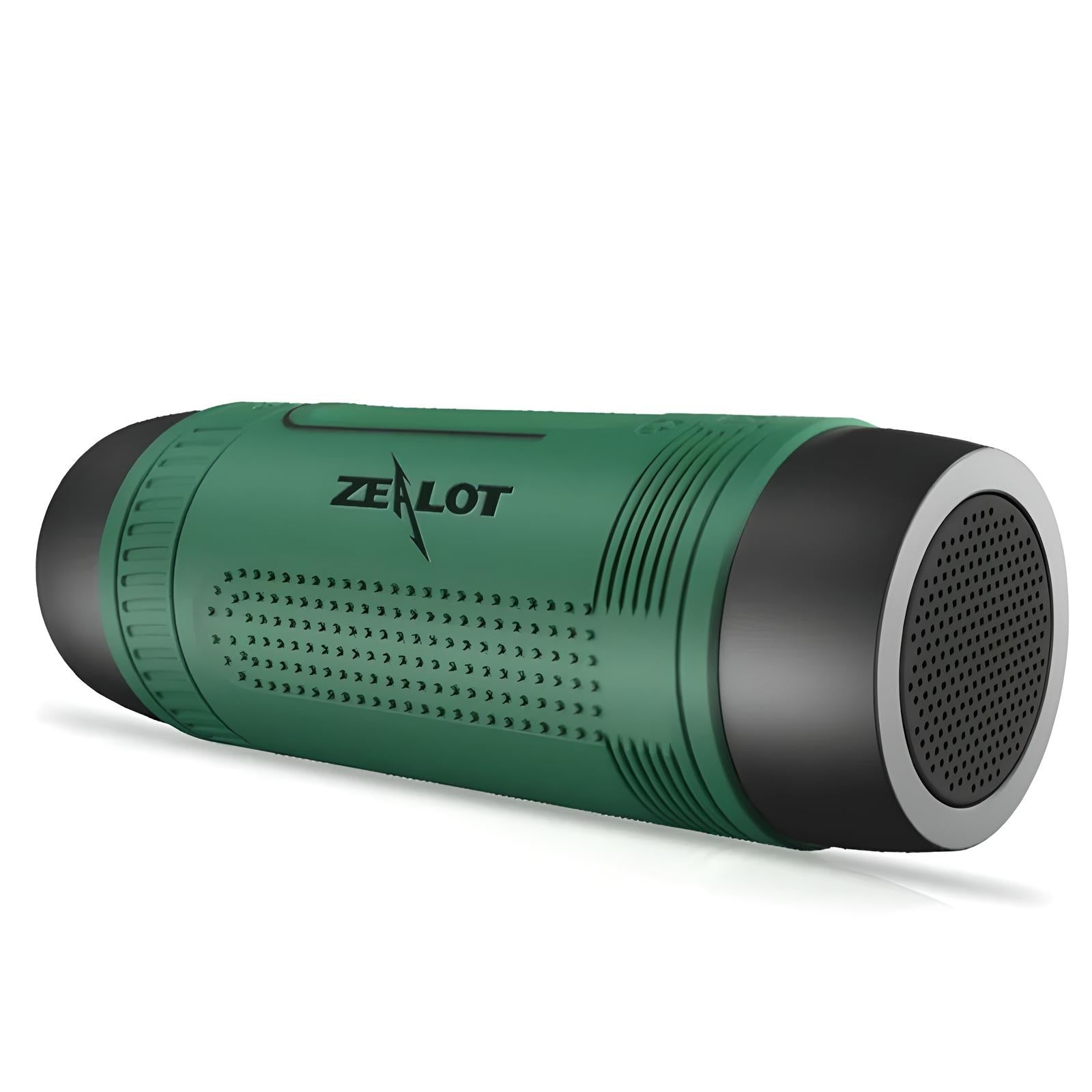 Green Zealot S1 portable Bluetooth wireless speaker with LED flashlight, waterproof design, and stereo surround subwoofer.