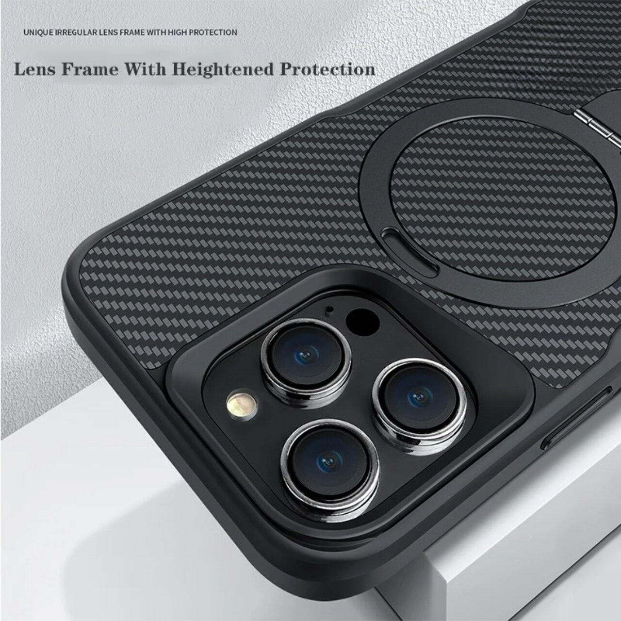 Close-up of SecureGrip Carbon 360 iPhone case lens frame with heightened protection and carbon fiber texture.