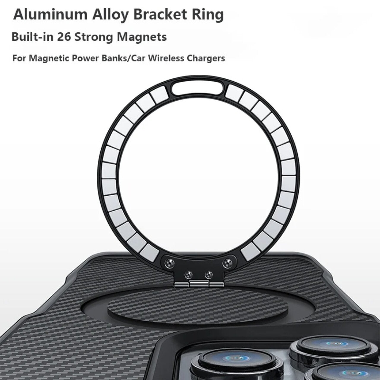 Aluminum alloy bracket ring with 26 built-in magnets for MagSafe power banks and wireless chargers on SecureGrip Carbon 360 case.