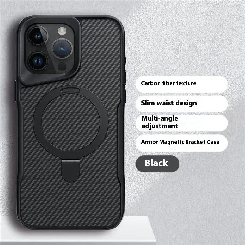 Black SecureGrip Carbon 360 iPhone case with carbon fiber texture, slim waist design, and multi-angle adjustable magnetic bracket.