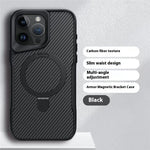 Black SecureGrip Carbon 360 iPhone case with carbon fiber texture, slim waist design, and multi-angle adjustable magnetic bracket.