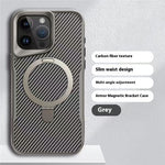 Grey SecureGrip Carbon 360 iPhone case with carbon fiber texture, slim waist design, and multi-angle adjustable magnetic bracket.