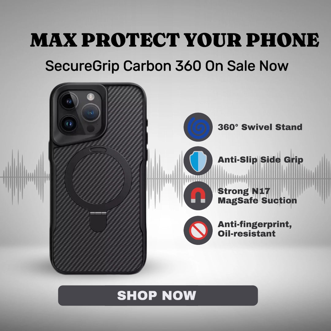 SecureGrip Carbon 360 iPhone case featuring 360° swivel stand, anti-slip grip, strong MagSafe suction, and anti-fingerprint surface.