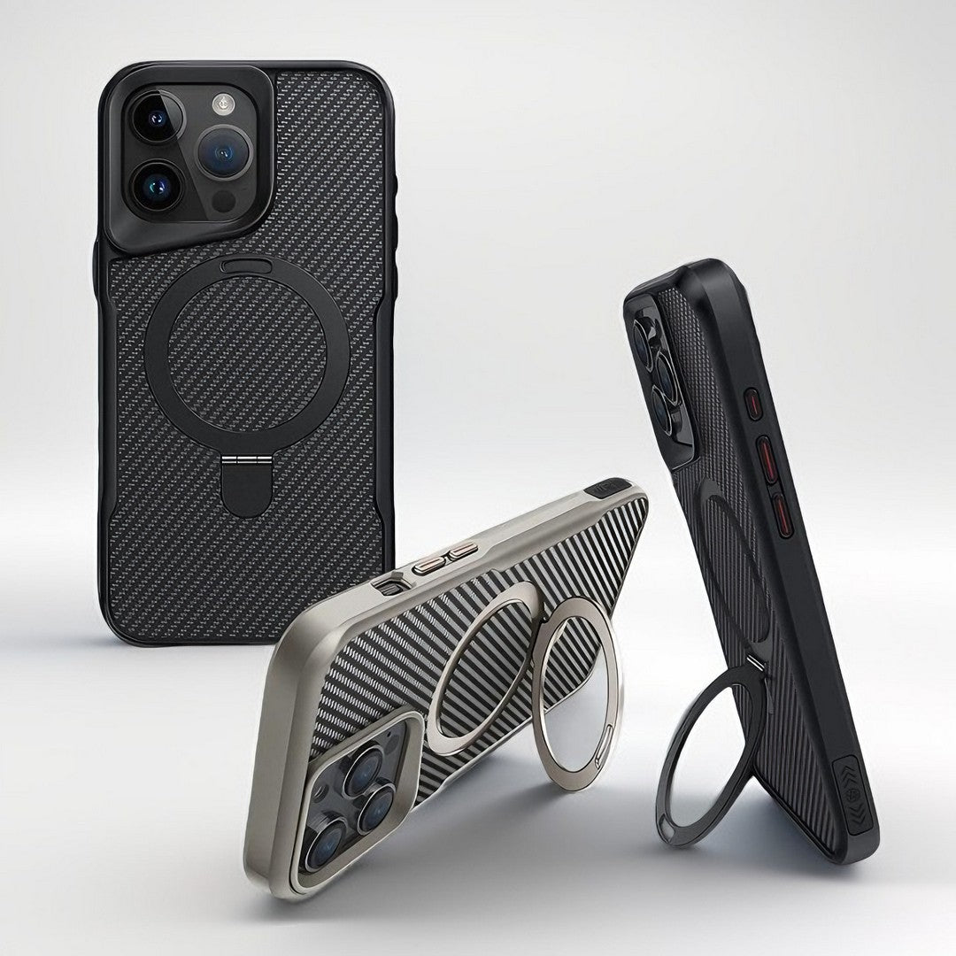 SecureGrip Carbon 360 iPhone case in black and grey displayed in various angles, highlighting the MagSafe ring and stand functionality.