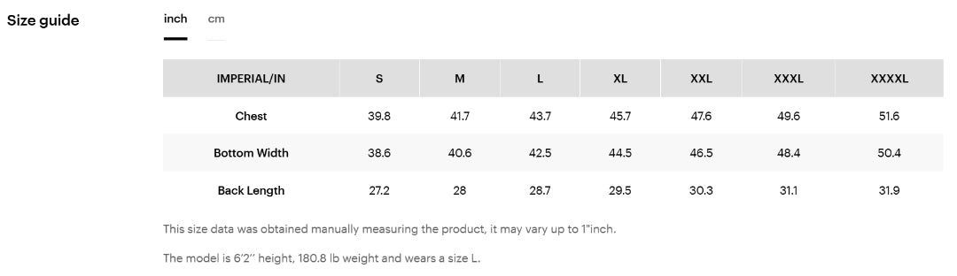 Size chart for Team 