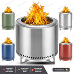 Smokeless fire pit in multiple colors, including stainless steel, red, green, and blue, with durable 304 stainless steel construction.