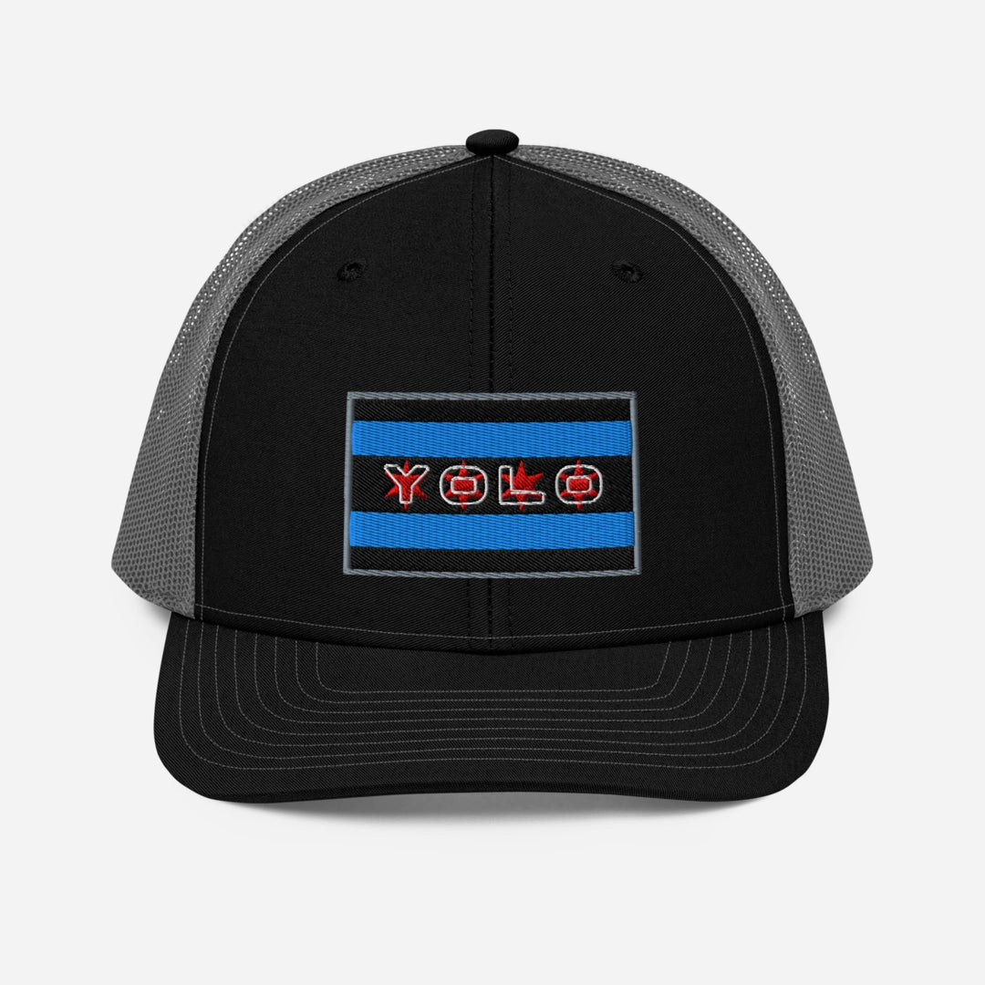 Black YOLO-Chicago Flag Trucker Hat with embroidered Chicago flag logo and 