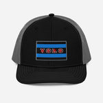 Black YOLO-Chicago Flag Trucker Hat with embroidered Chicago flag logo and 