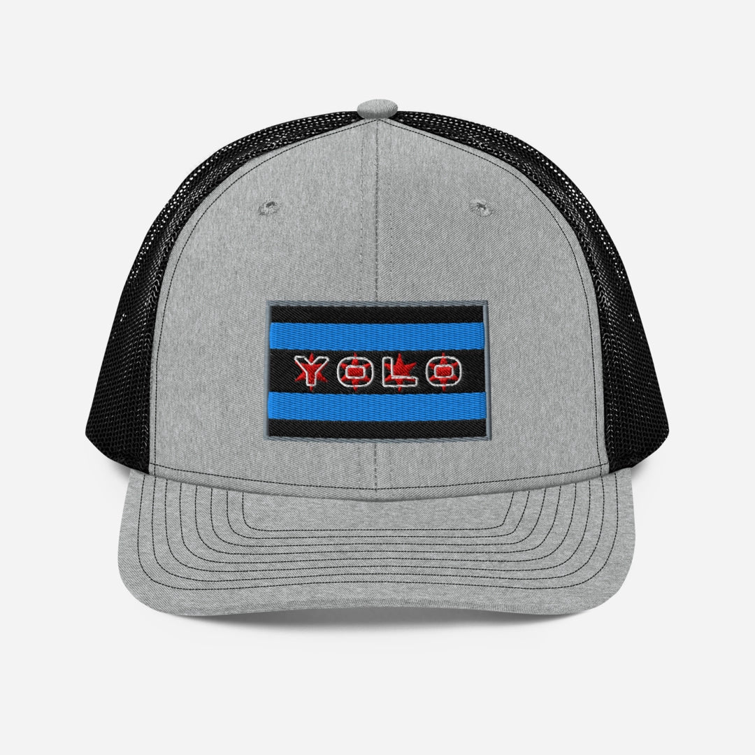 Gray YOLO-Chicago Flag Trucker Hat with embroidered Chicago flag logo and 