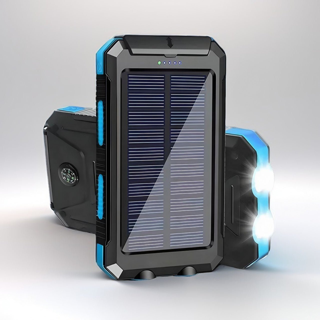 Solar charger power bank with dual USB ports, 20000mAh capacity, waterproof design, and dual LED flashlight, ideal for outdoor use.