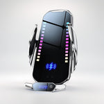 SonicGlow touch-free wireless charging phone holder with beat-synced colorful LED lights, sleek silver design, and 15W fast charge capability.