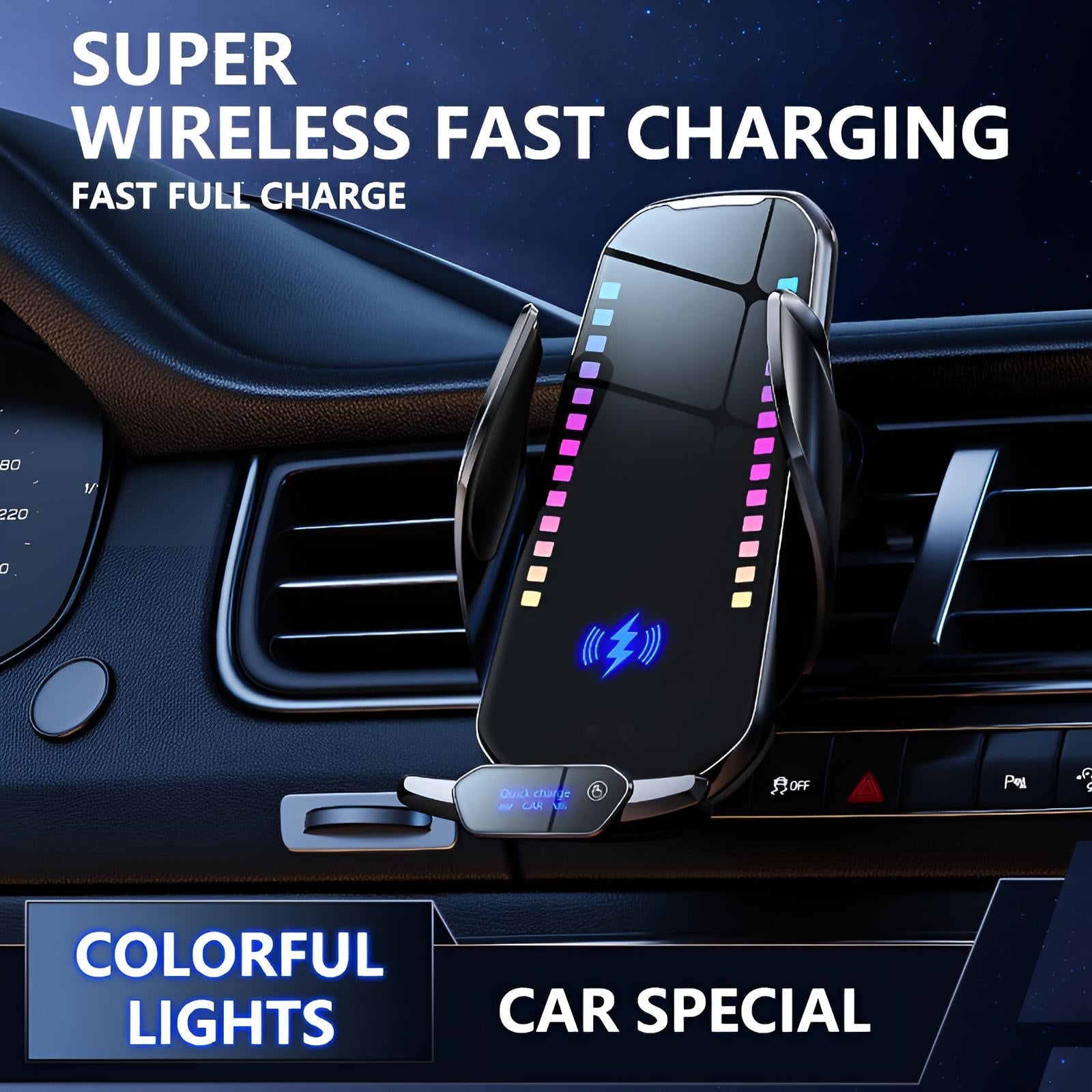 SonicGlow wireless charging phone holder mounted on a car vent with colorful LED lights and 15W fast charging feature.