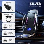 Silver SonicGlow wireless charging phone holder with car vent clip, charging cable, and multi-port compatibility for fast charging.