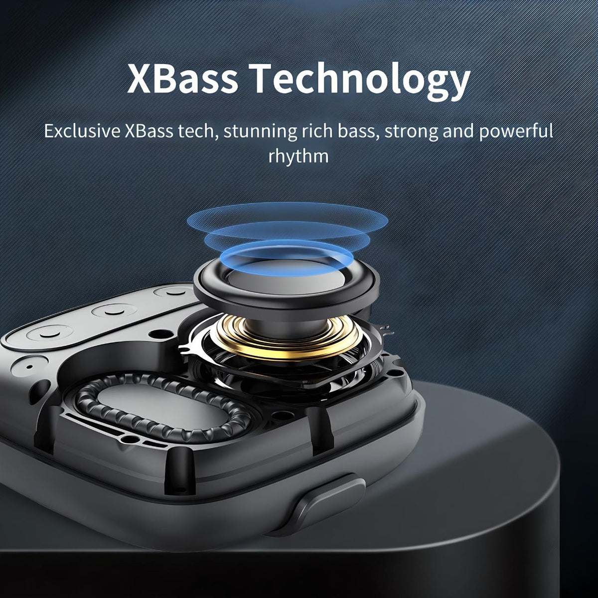 Tribit StormBox Micro 2 speaker showcasing XBass technology with a detailed internal view of its bass-enhancing components.