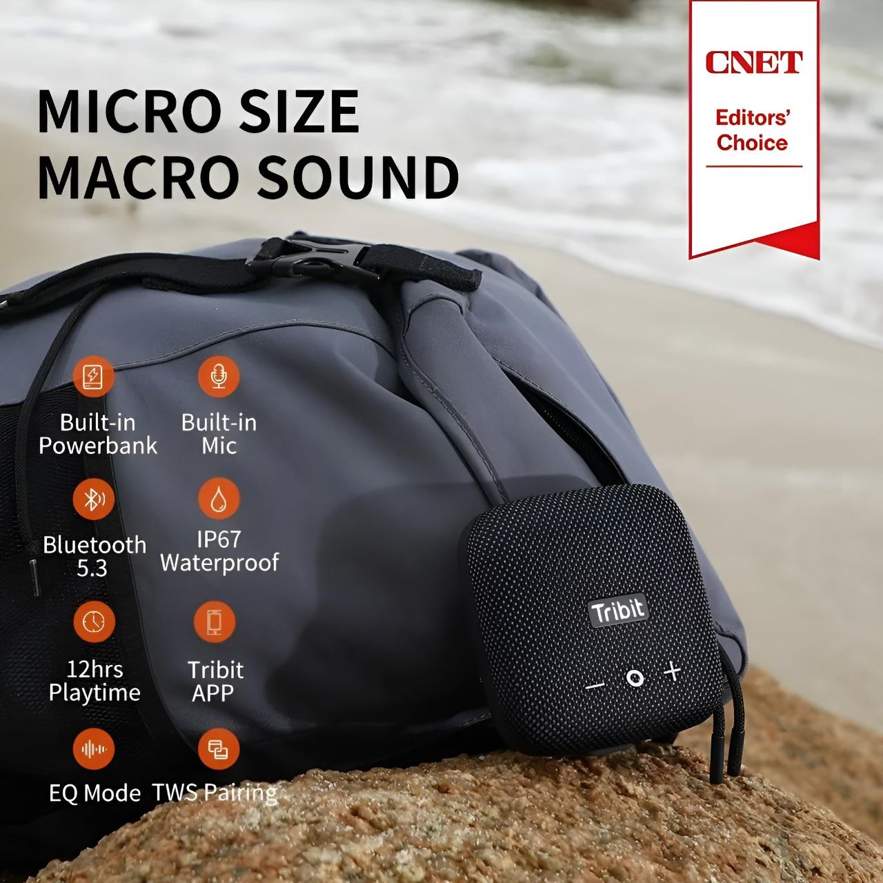 Tribit StormBox Micro 2 Bluetooth speaker displayed on a travel bag, highlighting features like IP67 waterproof, 12-hour playtime, and built-in powerbank.