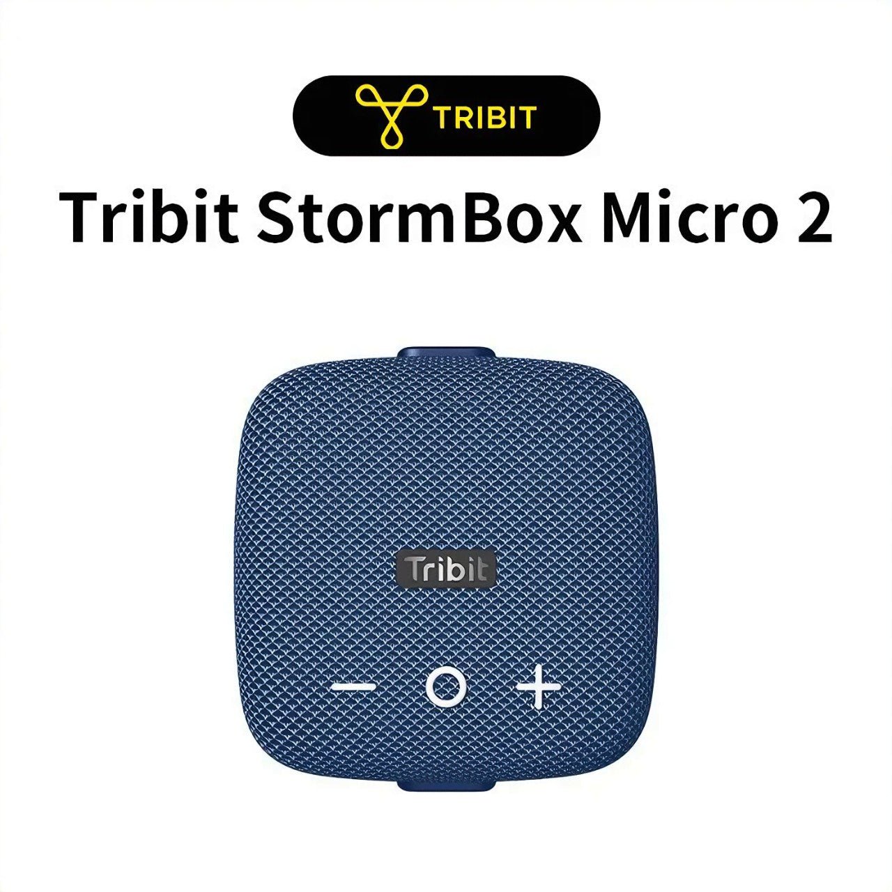 Tribit StormBox Micro 2 Bluetooth speaker in blue with a textured finish, compact design, and control buttons, branded with the Tribit logo.