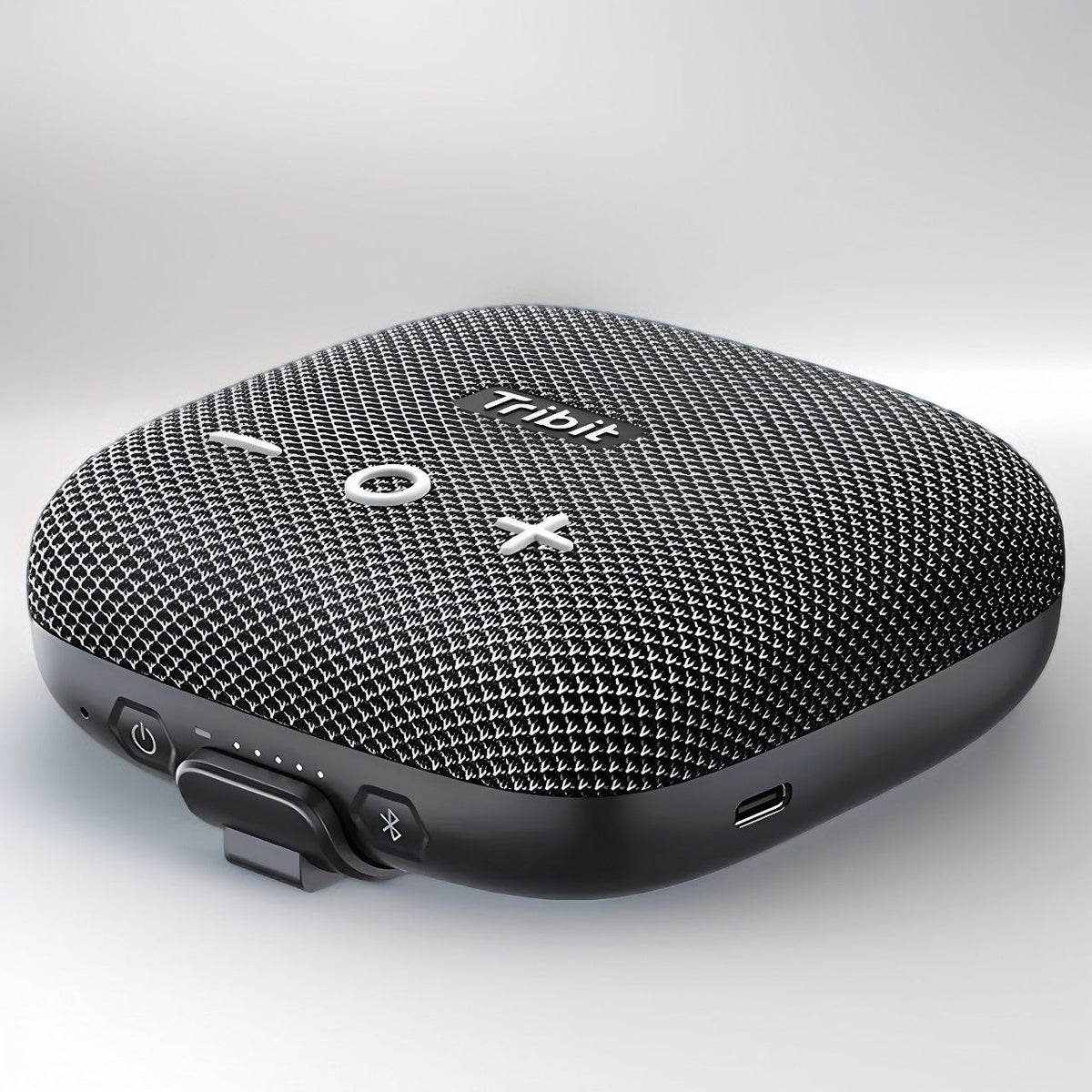 Tribit StormBox Micro 2 portable Bluetooth speaker with textured black design, featuring control buttons and USB-C port for charging.