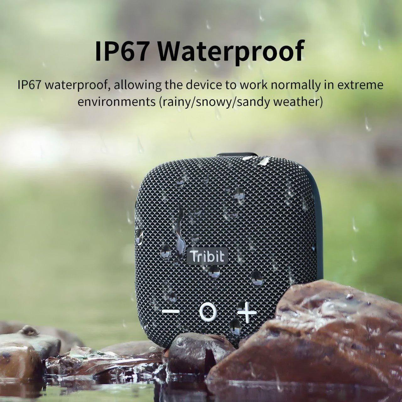 Tribit StormBox Micro 2 Bluetooth speaker in a wet outdoor environment, emphasizing its IP67 waterproof feature for extreme weather conditions.