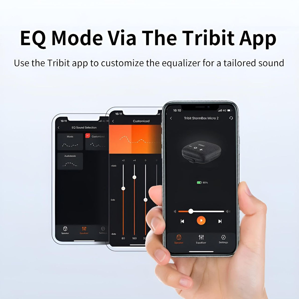 Tribit app interface displayed on smartphones, demonstrating EQ mode customization for tailored sound settings with the StormBox Micro 2.