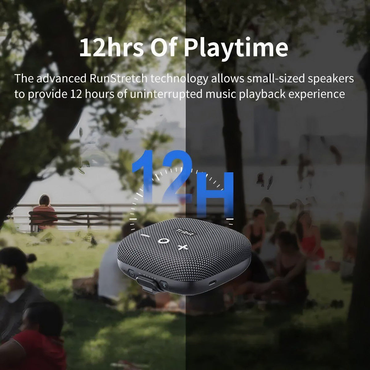 Tribit StormBox Micro 2 speaker in a park setting, promoting 12 hours of uninterrupted music playback with advanced RunStretch technology.