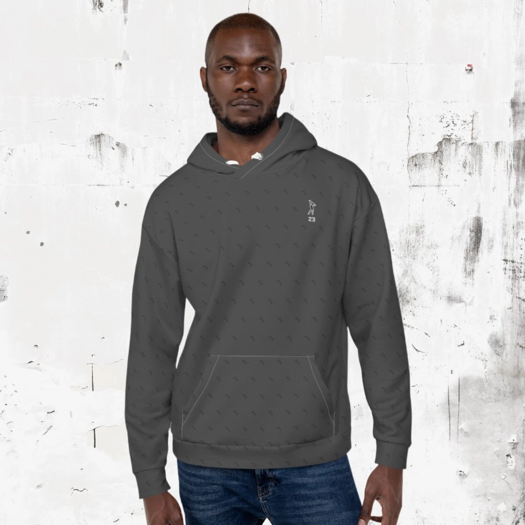 Unisex 'Swing23' charcoal pullover fleece hoodie from #YOLO Golf Sportswear with subtle pattern, front kangaroo pocket, and relaxed fit. Ideal for golf and casual wear.