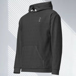 Close-up of 'Swing23' charcoal hoodie from 