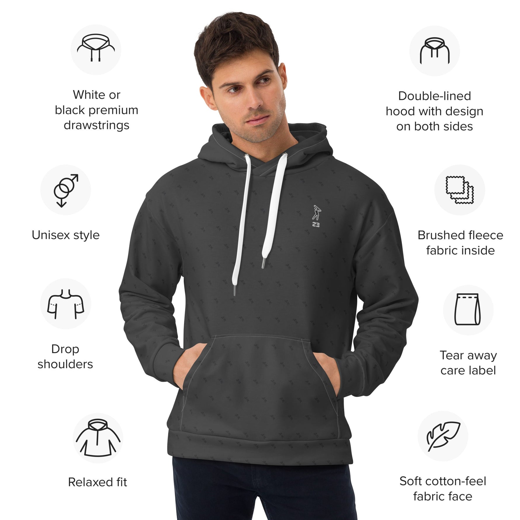 Infographic of 'Swing23' charcoal hoodie from 