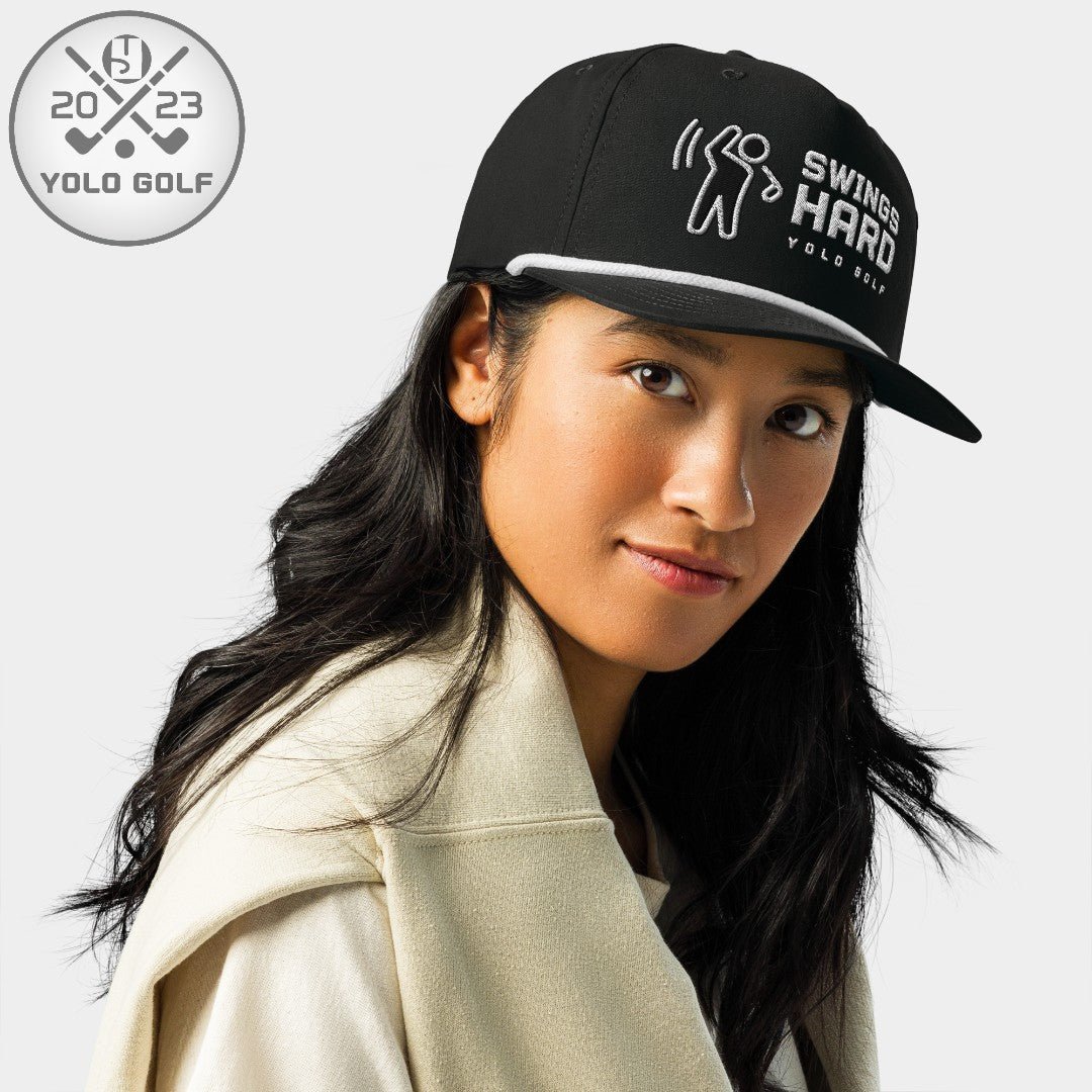 Shop best "Swings Hard" Golf Rope Cap (Silver/Black Embroidery) at YOLO Yard