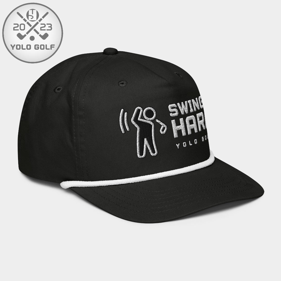 Shop best "Swings Hard" Golf Rope Cap (Silver/Black Embroidery) at YOLO Yard