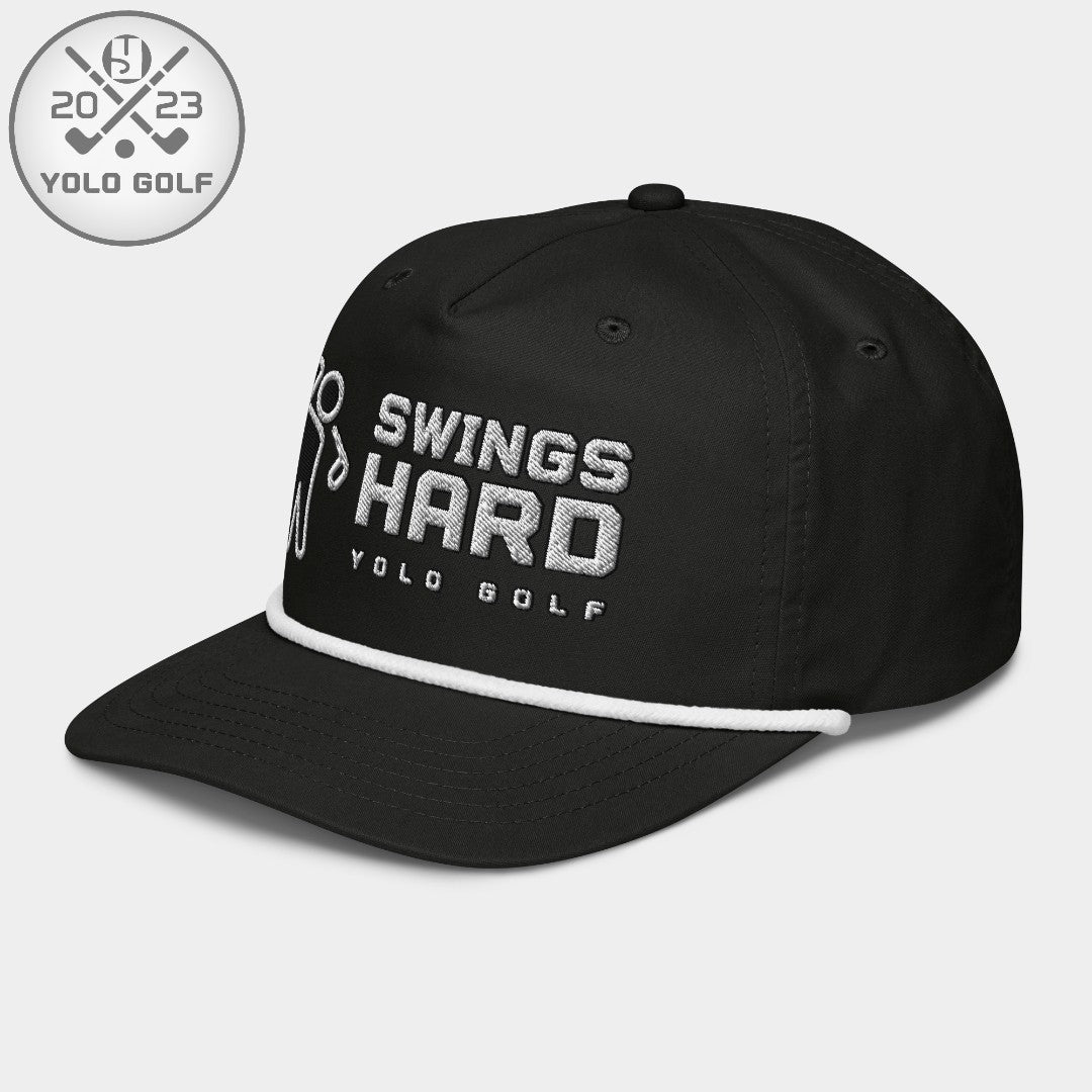 Shop best "Swings Hard" Golf Rope Cap (Silver/Black Embroidery) at YOLO Yard