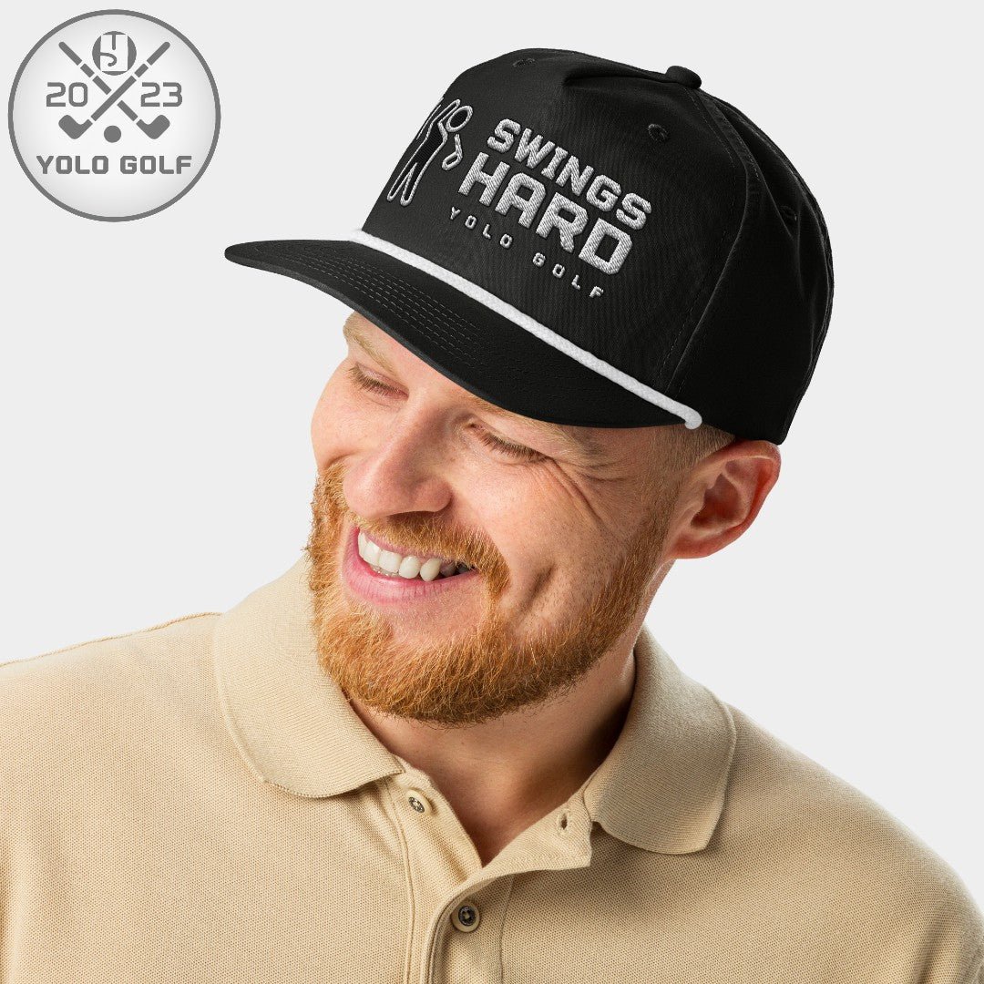 Shop best "Swings Hard" Golf Rope Cap (Silver/Black Embroidery) at YOLO Yard