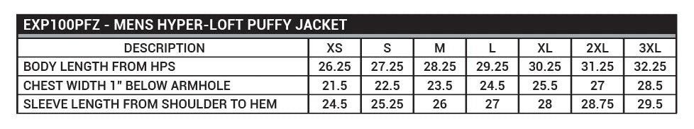 Size chart for the SwingWarm 23 Puffer Jacket from 