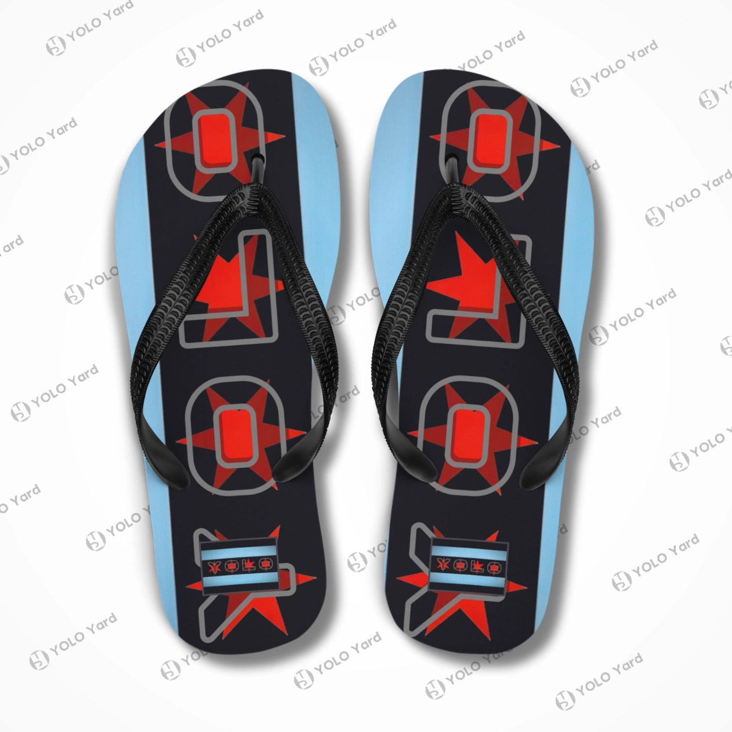 Team #YOLO Flag Fabric-Lined Flip-Flop Sandals featuring a bold Chicago flag-inspired design with red stars and black straps.