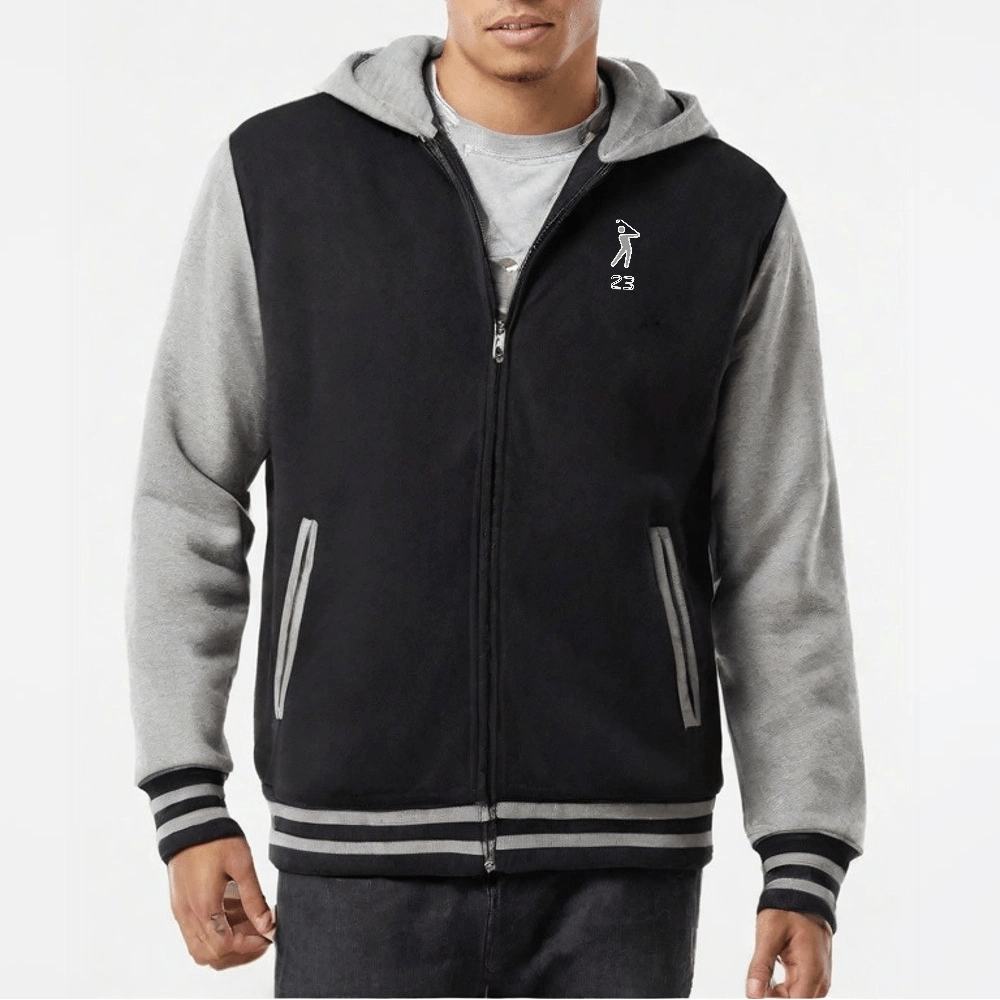 Black and gray varsity zip hoodie with golfer logo from 