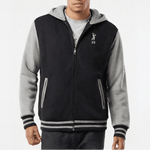 Black and gray varsity zip hoodie with golfer logo from 