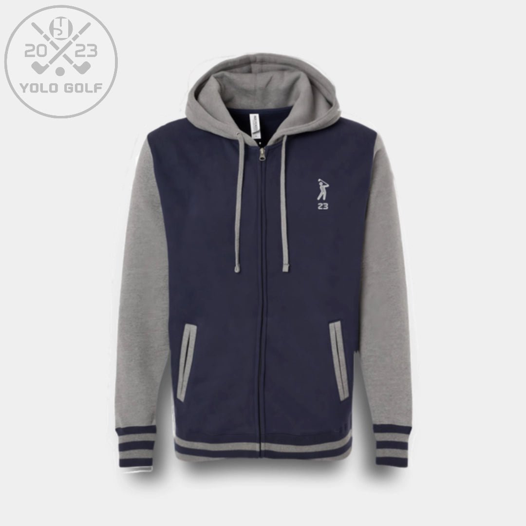 Navy and gray varsity zip hoodie from 