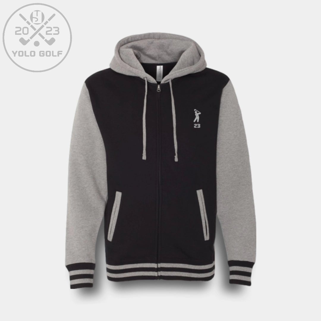 Black and gray varsity zip hoodie from 