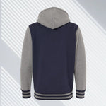 Back view of navy and gray varsity zip hoodie with hood and striped cuffs from 