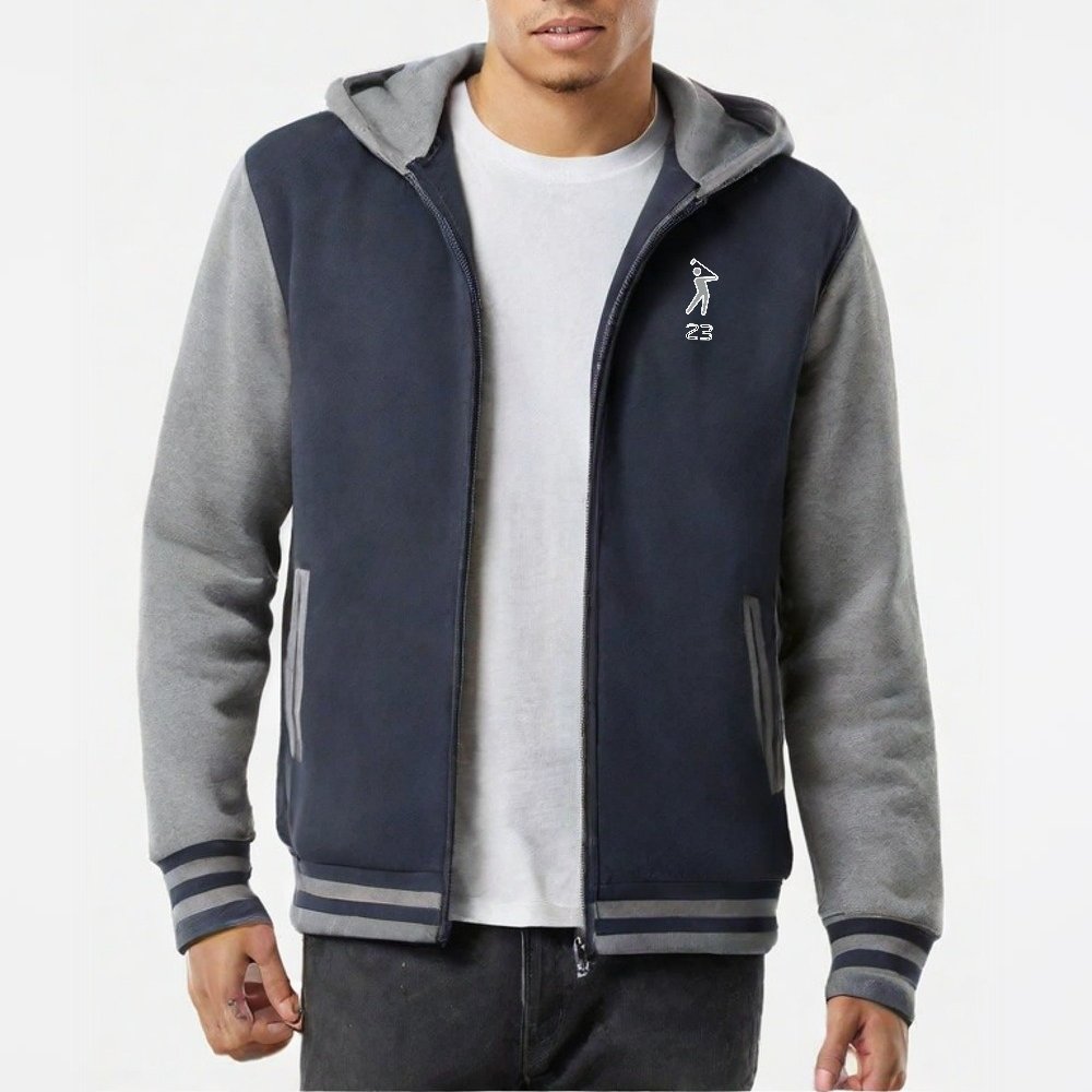 Navy and gray heavyweight zip hoodie with embroidered golfer logo, featuring striped cuffs and pockets. Stylish activewear from #YOLO Golf Sportswear 