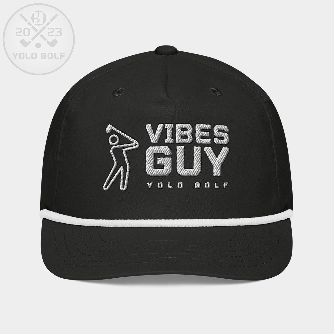 Black 'Vibes Guy' golf rope cap with silver embroidery featuring a golfer logo and 