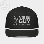 Black 'Vibes Guy' golf rope cap with silver embroidery featuring a golfer logo and 