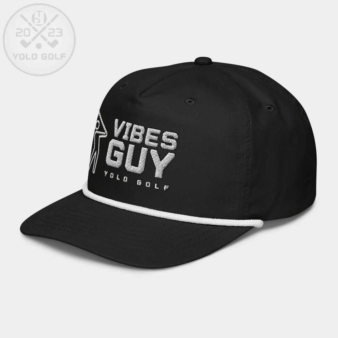 Angled front view of black 'Vibes Guy' golf rope cap with silver embroidery, golfer logo, and 